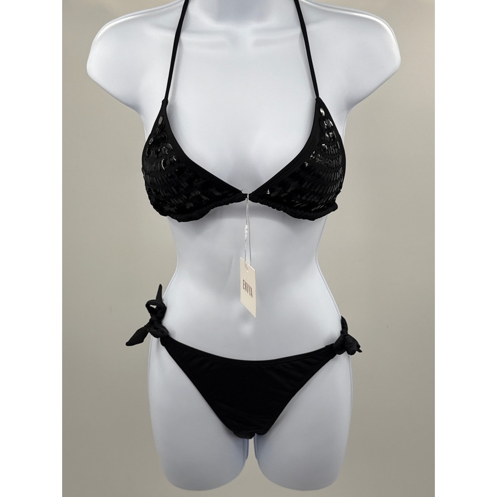 Envya Womens Black Sequin Triangle Bikini Set Side Tie Swimsuit S0670A S